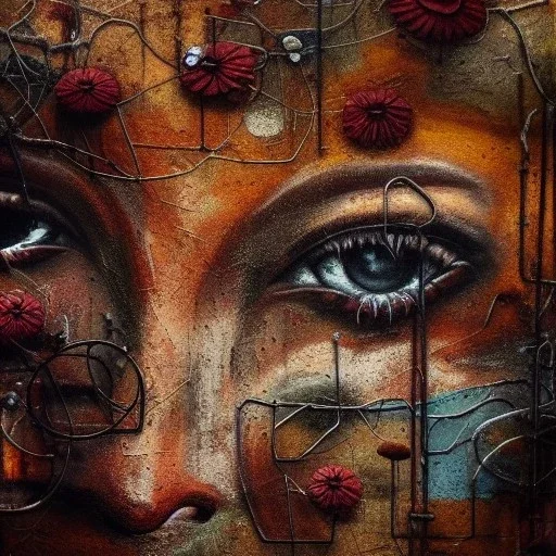 an abstract painting oil in canvas of rusted metal and flowers of beautiful Gheisha , rust, scaffolding, iron cladding, decay, mixed media, textured, anatomically correct, beautiful perfect face,beautiful perfect sad eyes, sharp focus, highly detailed, masterpiece, realistic, intricate detail, sci-fi fantasy style, volumetric lighting, particles, highly detailed ,cinamatic , deep colours, 8k, by Caravaggio , signed YAK