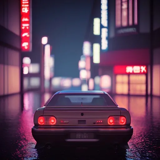 nissan skyline r34; tokyo; realistic; rain; neon signs