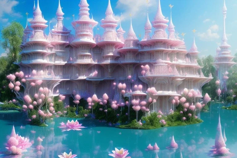 a magical crystal flower lotus magnolia lys bougainvillier, blue gold house indian palace castle in the woods, magnolias pink,blue lake,sun,white swanns,pink vertical, blue lake,sharp, vines, candlelit, endor, ornate, elegant, highly detailed, artstation, concept art, smooth, sharp focus, illustration, 8k, splash art, wallpaper, key visual