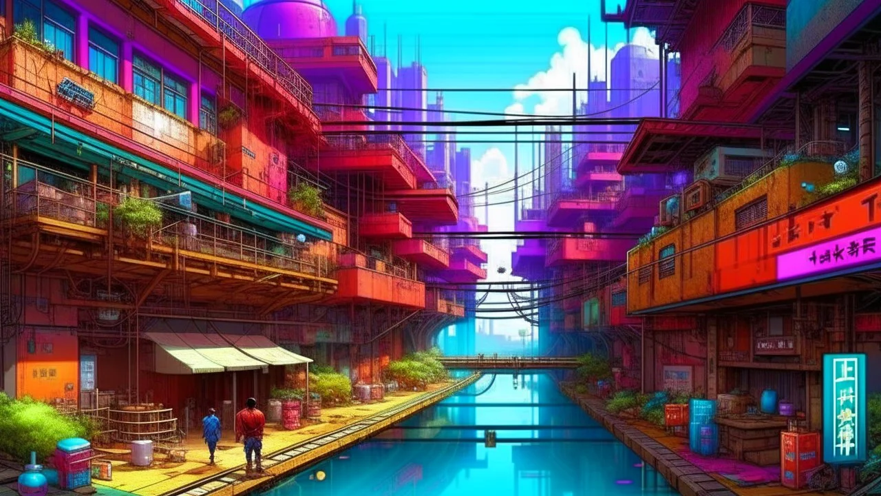 Water-level view of buildings made of reused dirty rusty metal next to futuristic canal junction, cyberpunk, many painted colours, flying boats, balconies, bridges, people, shopping, eating, walking, fifth element, ghost in the shell, altered carbon, Ian McQue, lineart and watercolour