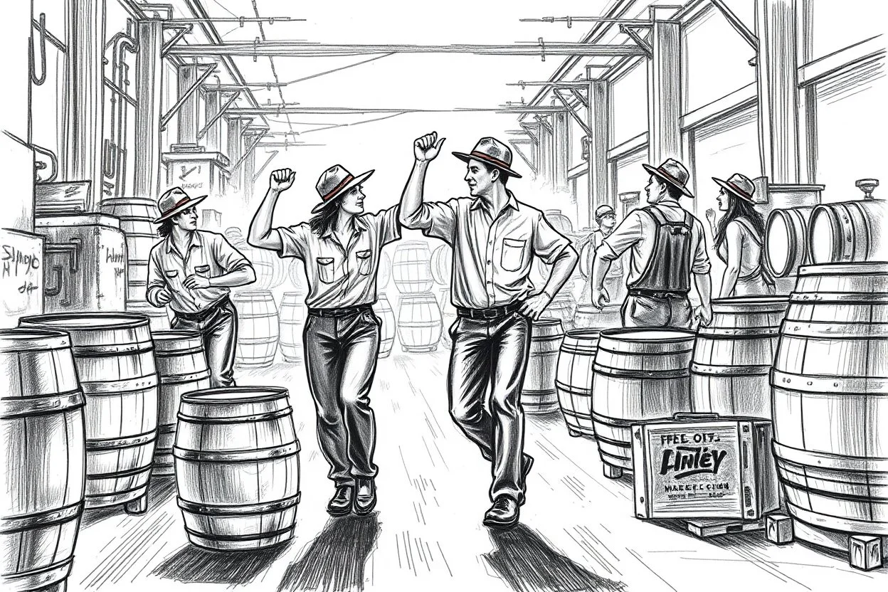 workers dancing in a industry factoty , a drawing with sketch lead pencil, barrels and crates that needs pushing and pulling