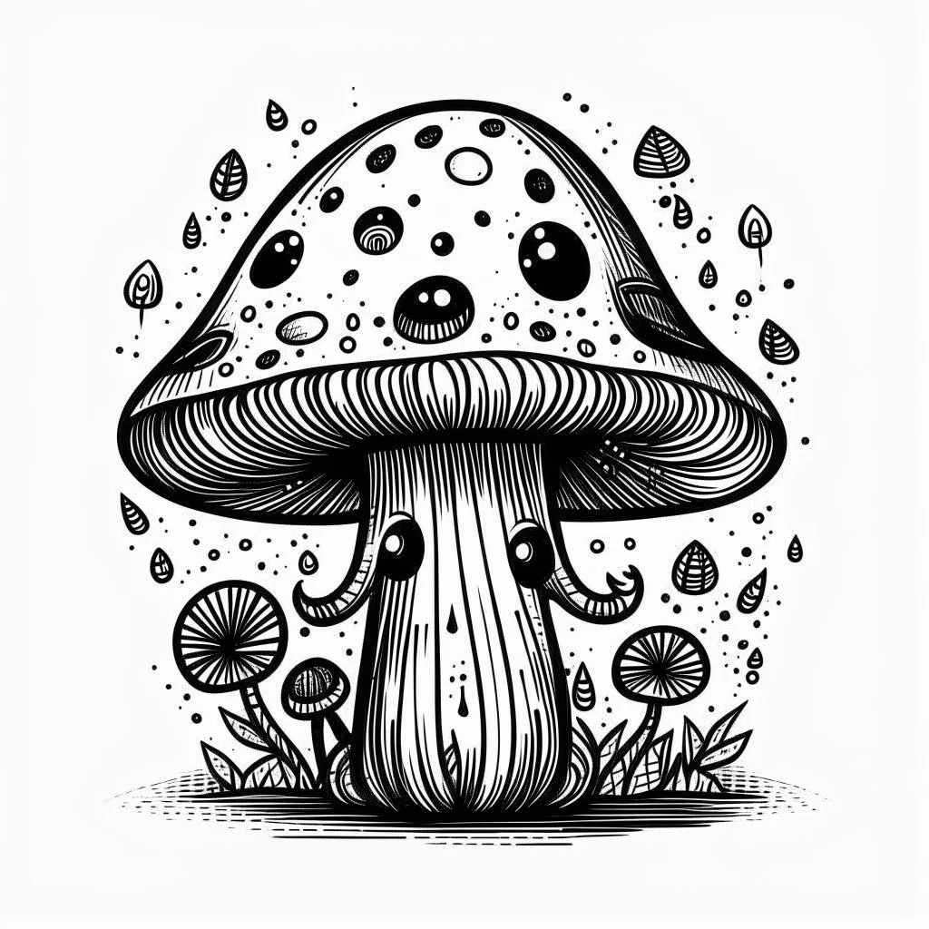 Make black and white cute drawing of a Magical Mushroom with black bold lines.