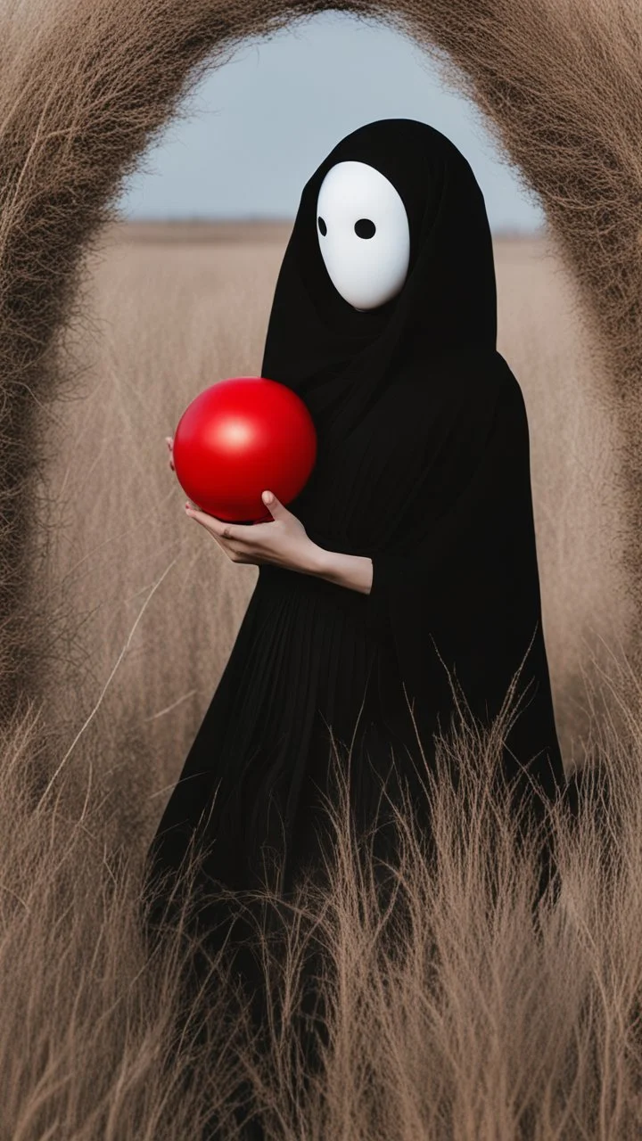 a no face woman with mask standing in a field holding red ball, inspired by Ren Hang, design milk, long black hair, whites, wanderers traveling from afar, trending on artisation, cloning spell, coat pleats, in twin peaks, submarine, by Helen Thomas Dranga, symetry, round-cropped, noire photo