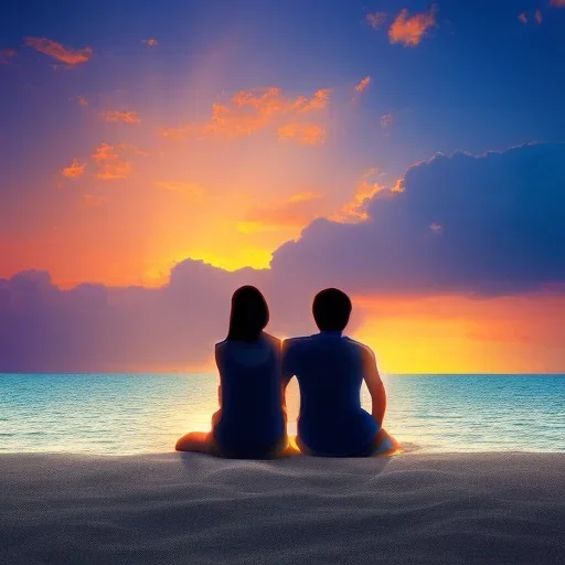 2 lovers watching the sunset sitting in the sand on a sand island