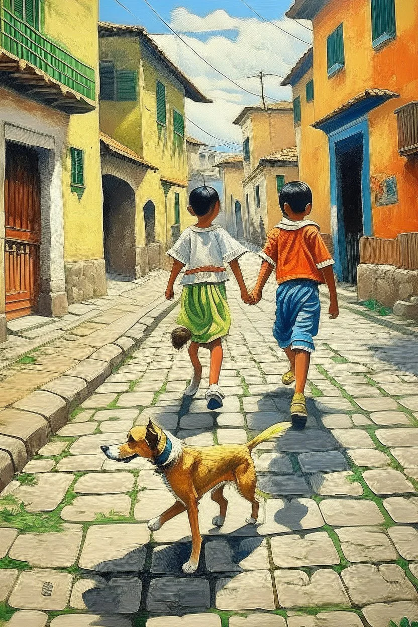 2 maxican childeren running traditional clothes painting neoclassism in a traditional mexican city from the back with dog