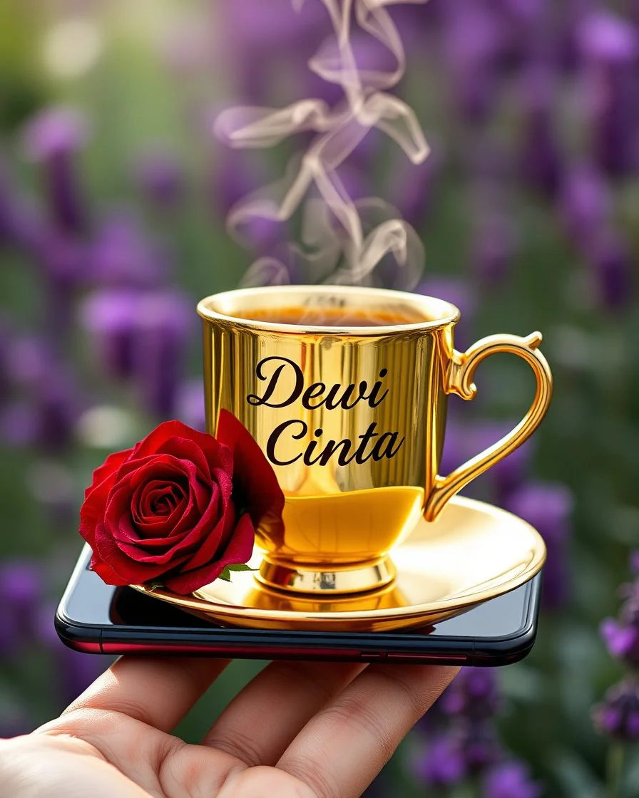 hyper realistic image of shiny golden coffee cup vibrant with steam on android phone, standing on finger, under the inscription written details text " Dewi Cinta " in cursive letters, realistic red rose on saucer, purple flax garden blur background, ultra HD 64k hyperrealism studio flash light reflection, sharp focus macro photography