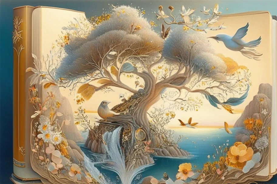 an art book with an illustration of flowers and exotics in the tree, in the style of light silver and light amber, whimsical dreamscapes, greek scene painting, aerial view, whimsical animals, sea and mountain scenes, glistening