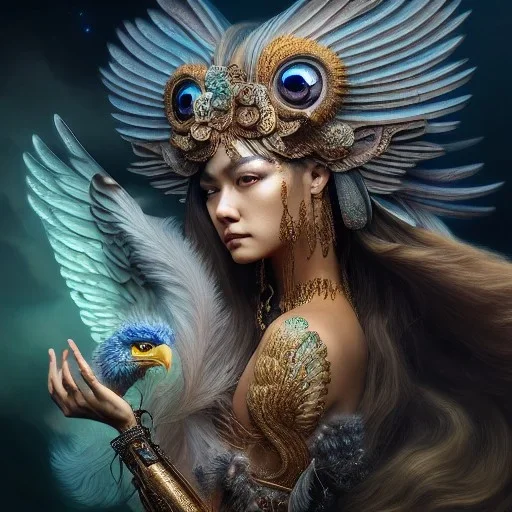 Insanely detailed photograph of an elaborate beautiful eagle goddess intricate glowing skin eyes intricate face hair lashes fur dress hyperdetailed painting by Anna Dittmann Huang Guangjian and Dan Witz CGSociety ZBrush Central fantasy art album cover art 4K 64 megapixels 8K resolution HDR Greek shiny space colours jewelry celestial hair eyes light"