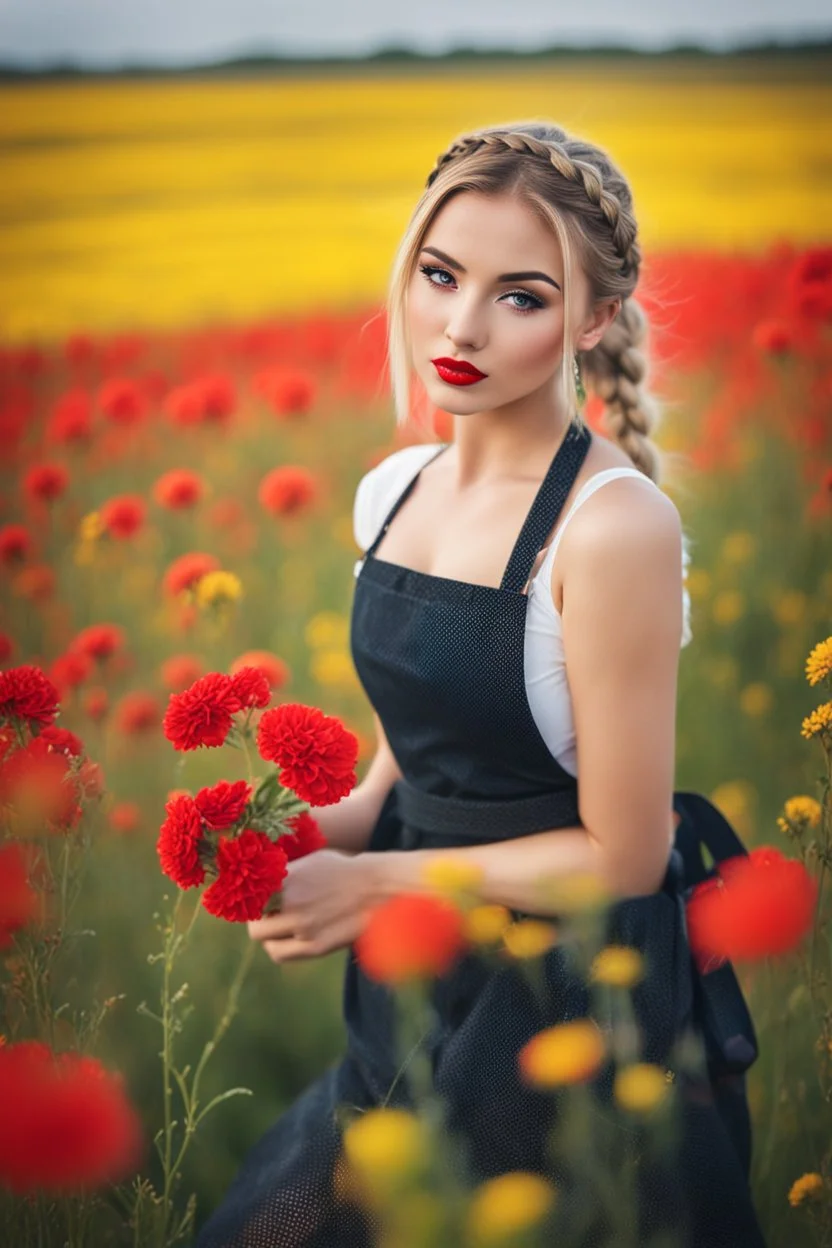 Beautiful russian girl, blonde hair, bold lipstick, flower field, braided bangs, braided bobcut, solo, apron,thick thighs, side-tie panties, black hair, 18yo,(on back:1.2) ,red dress, portrait