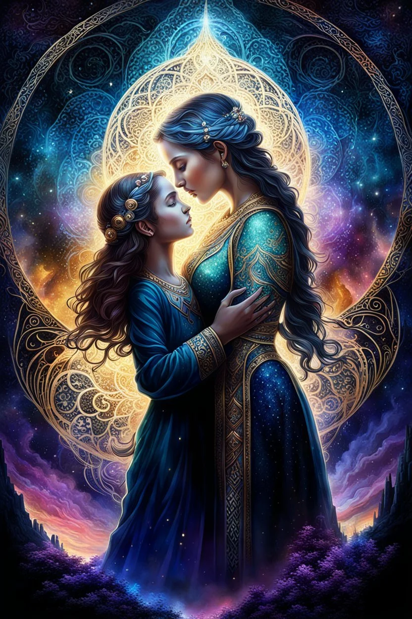 artistic work, a younger girl and her older mother in an mystic of eight shining, glittery- shadows shape, etheral, generations, love, embracing each other, touching, mystic relationship, expressive illustration of the mother-daughter relationship detailed matte painting, deep color, fantastical, intricate detail, splash screen, complementary colors, fantasy concept art, 8k resolution trending on Artstation Unreal Engine 5 in Gouache Style, Watercolor, Museum Epic Impressionist Maximalist Master