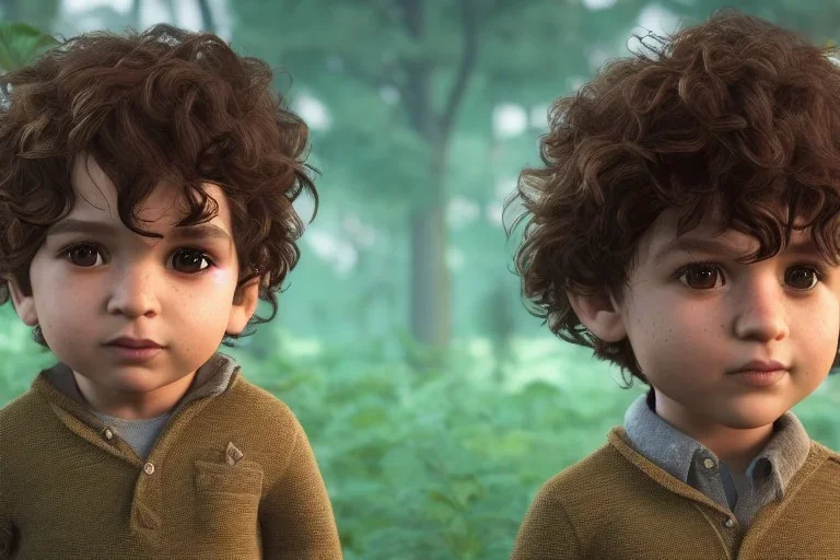 a beatiful little boy,tree years old,curly brown hair,brown eyes,realistic, intriacte detail,volumetric lighting,highly detailed, cinematic, magnificent, majestic, Realistic photography, incredibly detailed, ultra high resolution, 8k, complex 3d render, cinema 4d