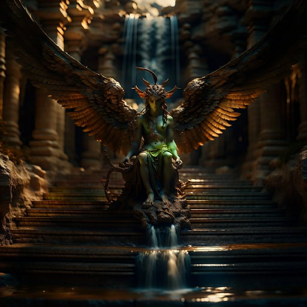 portrait of fantastic flying winged medusa in front of a staircase into a portal to the desert in the middle of a waterfall, photo-realistic, shot on Hasselblad h6d-400c, zeiss prime lens, bokeh like f/0.8, tilt-shift lens 8k, high detail, smooth render, down-light, unreal engine, downlight, prize winning