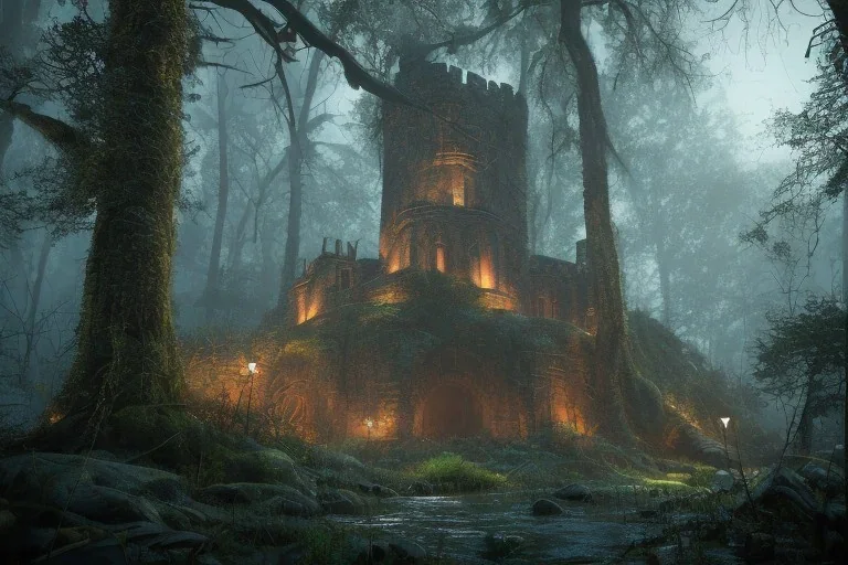 Overgrown unlit castle ruins deep in a dense forest, dark fantasy, moonlight shafts, night time, fireflies