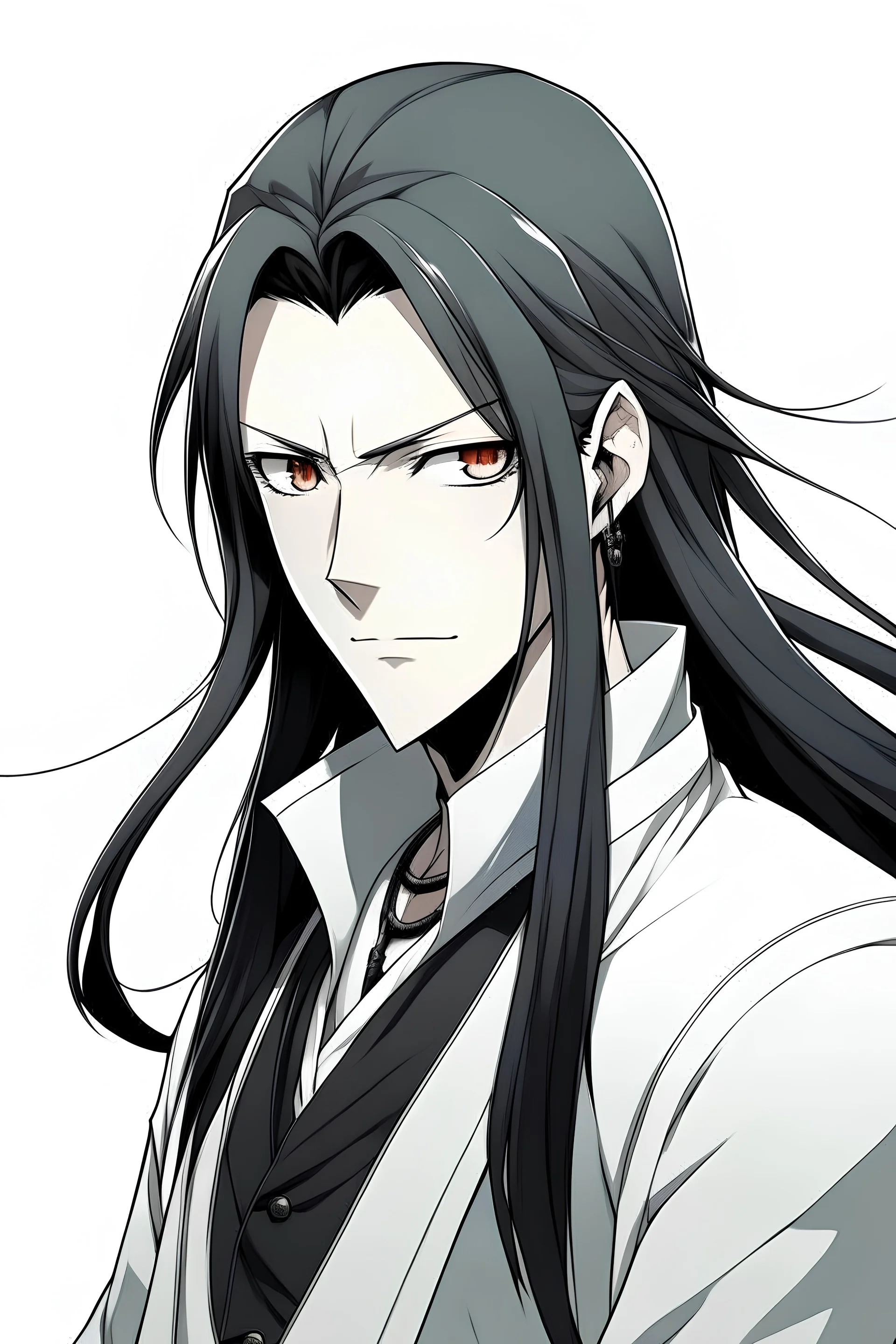 Anime man with long black hair tied, black eyes, and a white background
