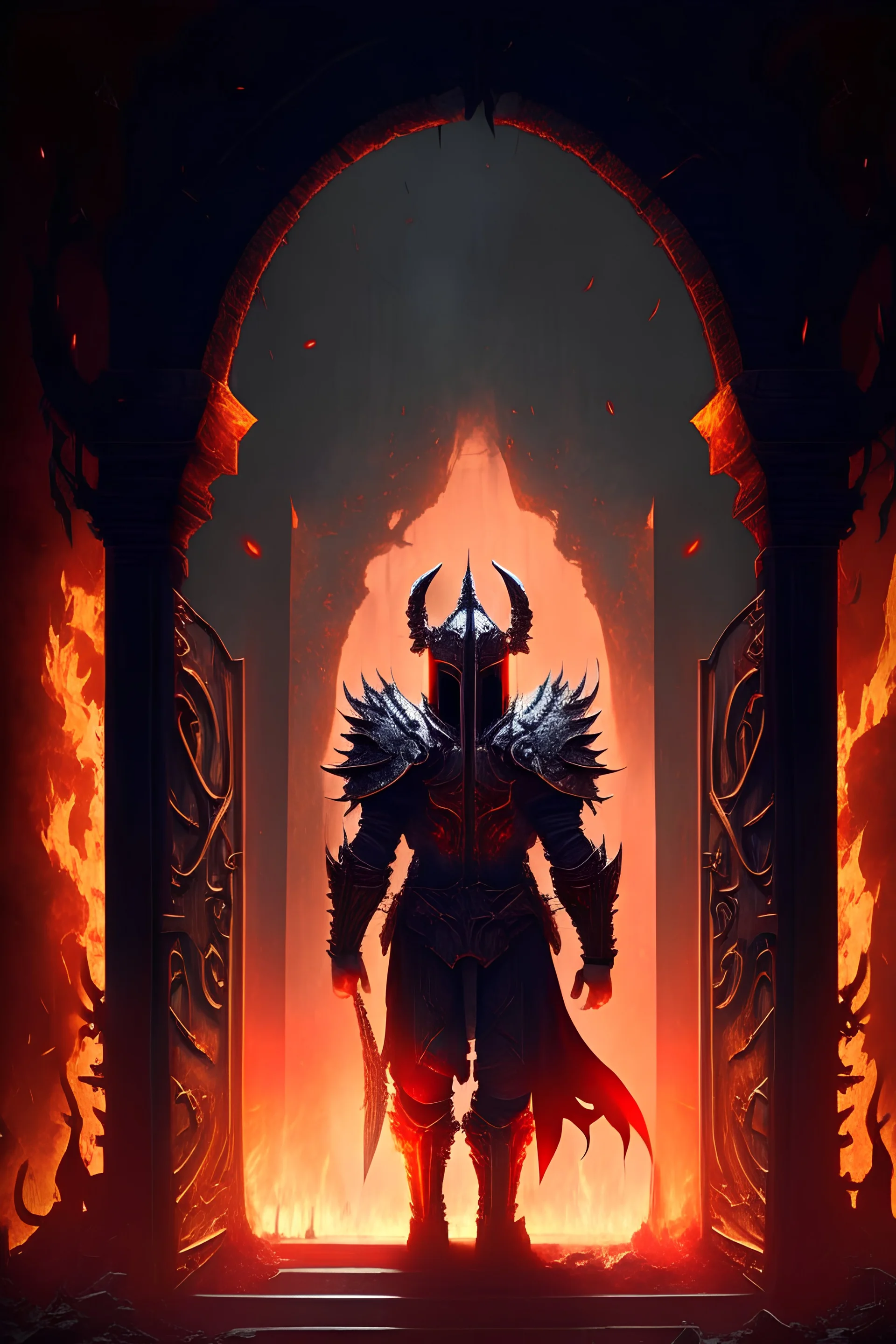 A fantasy character knight male stands at the gates of hell