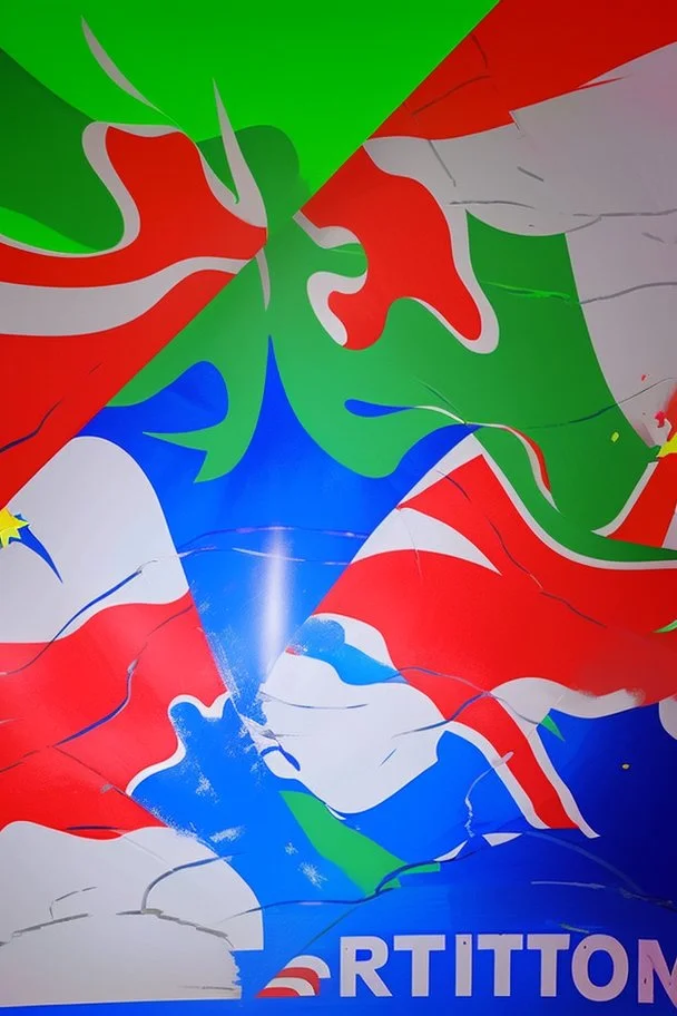 painting of an election in a nation between the Red Party, Blue Party, yellow Party, Green Party and Pink Party