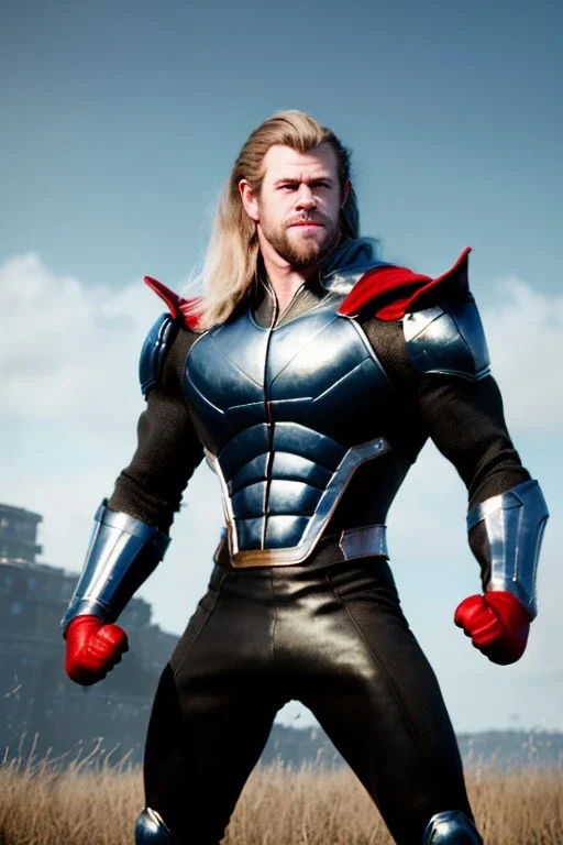 retro portrait image from 1960, sky background, wind, long blonde hair, fighting stance, young Chris Hemsworth, shave face, black dress, classic long tight lycra black suit, red cape, gold bracelet and belt, high boots, soft color, highly detailed, unreal engine 5, ray tracing, RTX, lumen lighting, ultra detail, volumetric lighting, 3d, finely drawn, high definition, high resolution.