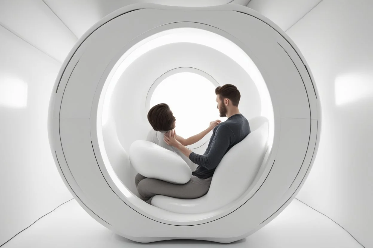 realistic photograph futuristic pod, ceramic aluminum orb pod with window. white walls and hands.