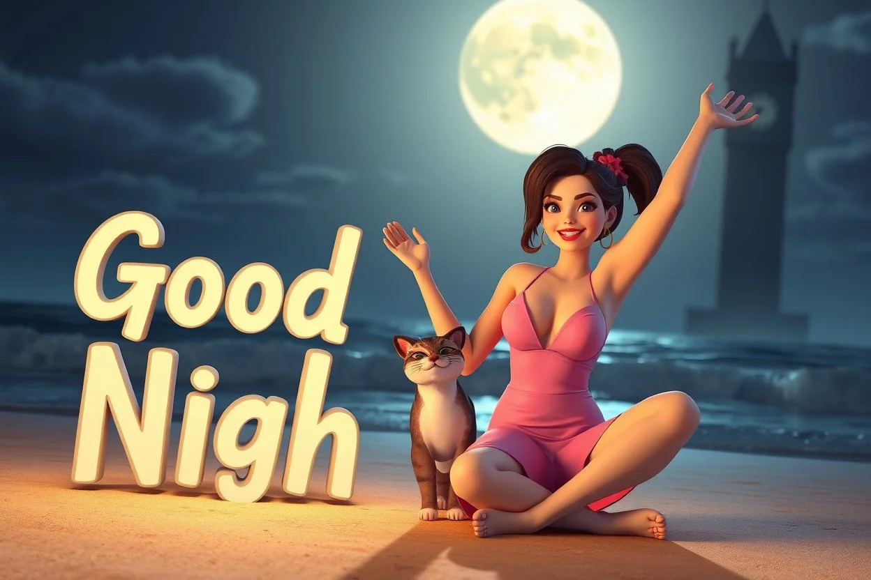 sign "Good Night" 3D video game character elegant young woman enthusiastically and cheerfully sitting at the beach, tabby cat next to her, in supermoon light at night, clocktower in the background, showing 11:00