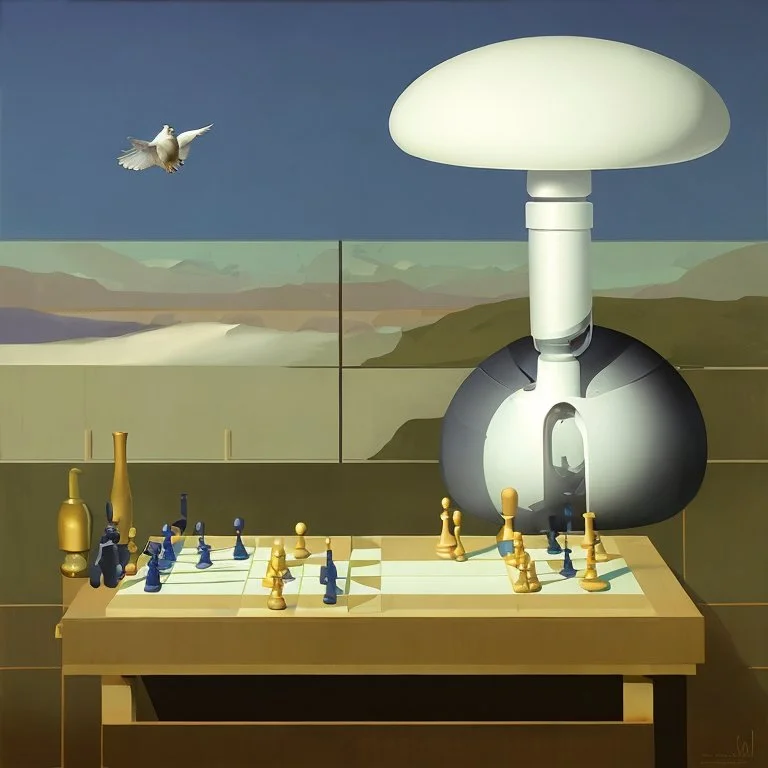 Putin, President Xi Of China And Joe Biden Play Chess With A Pigeon,Ufo And Atomic Bomb Mushroom Cloud,Complex Surgical Instruments Intermixed With A Newborn Boy,Minimalism,Painting By Adrian Ghenie,Rene Magritte,Pablo Picasso,Michelangelo,Salvador Dali,Lucian Freud