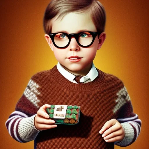 Peter Billingsley chubby kid Tortoise-shell glasses, holding a ((Dark red soap bar)) in his hand, brown argyle sweater