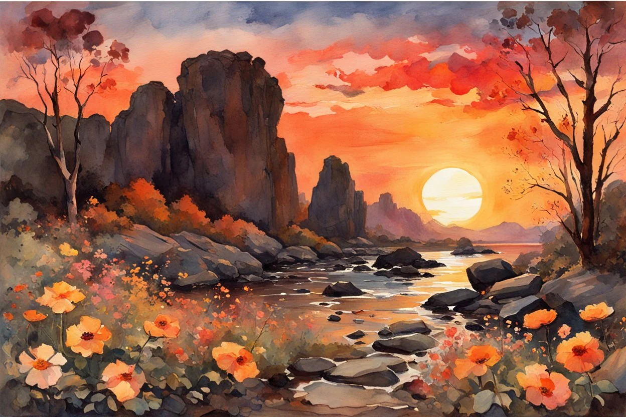 Amazing beautiful sunset, flowers, rocks, mountains, trees, sci-fi, fantasy, epic, winslow homer watercolor paintings