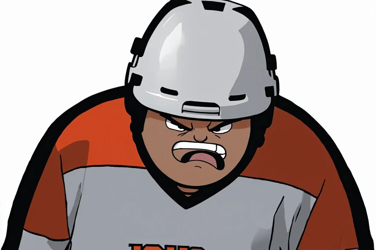 Calvin and Hobbs cartoon of an angry Calvin pouting with head down wearing a hockey helmet, line art cartoon