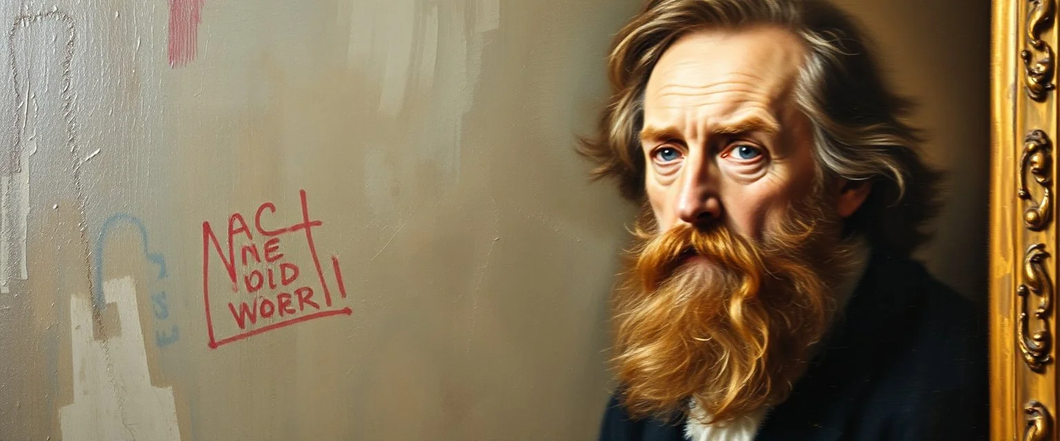 master oil painting by Rembrandt, motion blur sickness background, super clear foreground portrait, smeared paint background, twisted frame