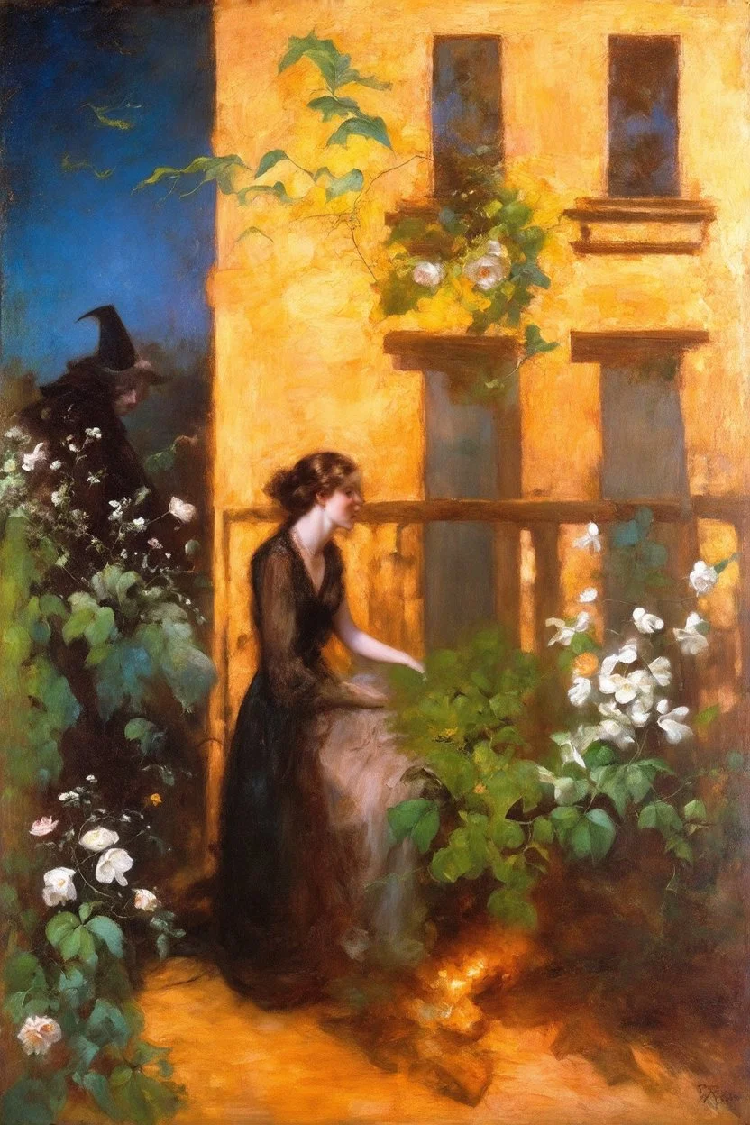 One woman, flowers, vegetations, gothic horror films influence, creepy, depressive, gloomy, witch influence, arnold bocklin, and henry fuseli paintings