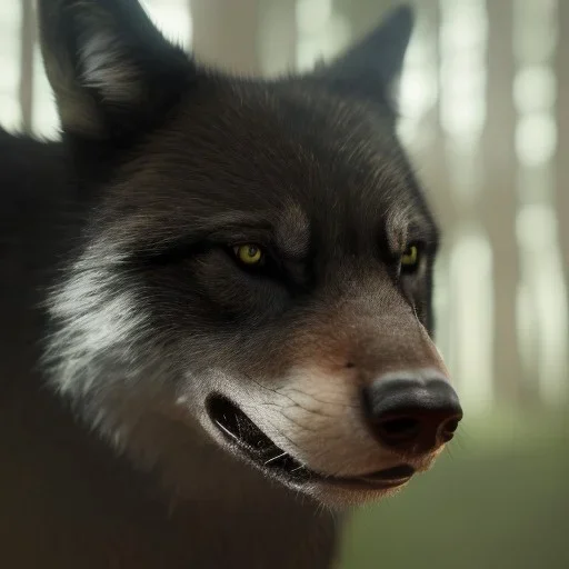 in Forest award winning portrait of a maleunreal 5, octane render, cinema4d, dynamic lighting, dramatic lighting, 4k, redshift render, highly detailed, hyper realistic,anthropomorphic black wolf long lycan llifesize humanoid wearing a trucker hat