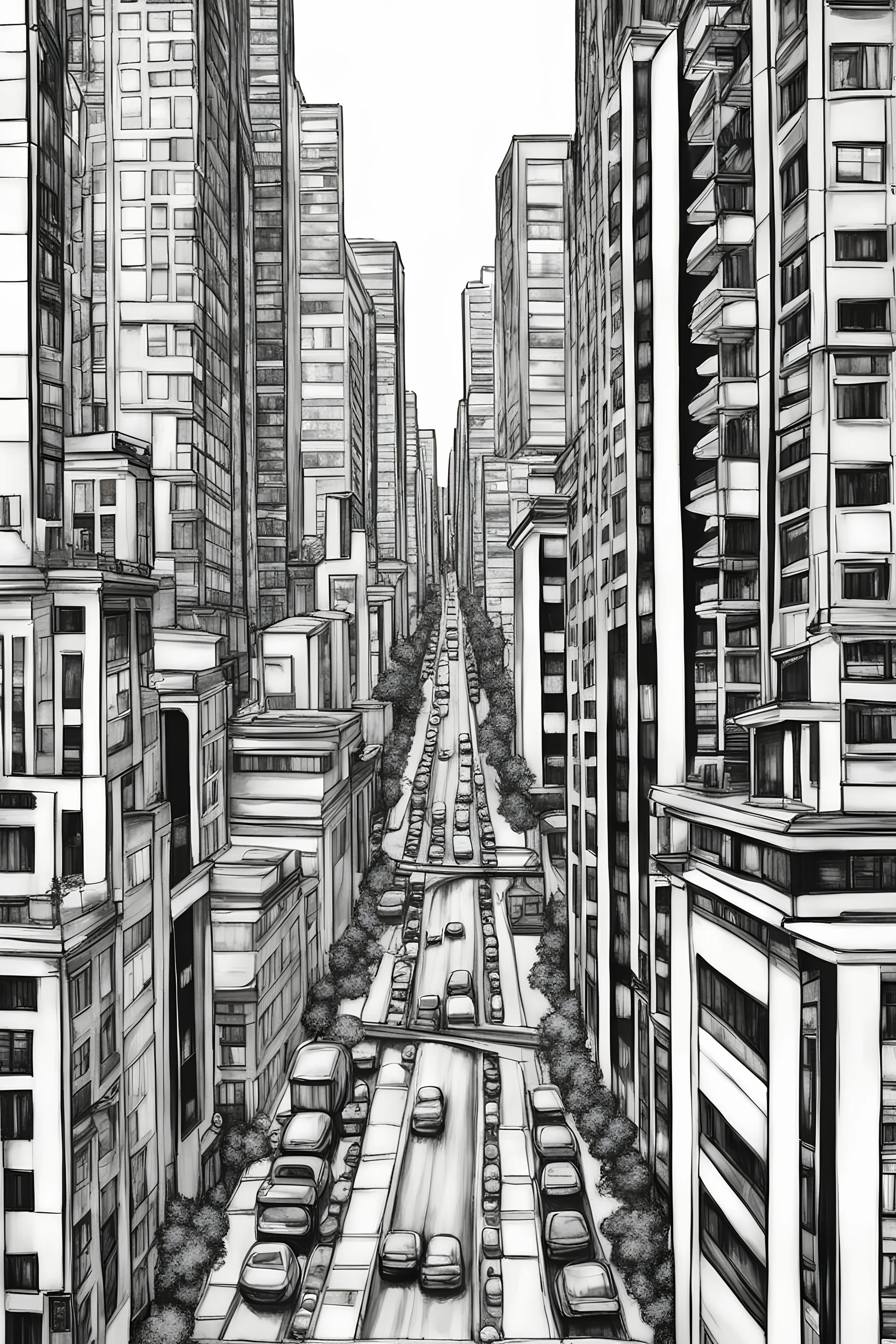Reverse coloring pages for adults oil painting of a cityscape with tall buildings and busy streets, style=oil painting, no outline