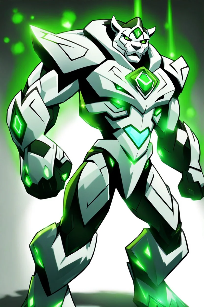 A new space creature from Ben 10 cartoon. Strong and graceful. From the White Tiger faction. Advanced hybrid metal golem. And the diamonds. He has a glowing green tattoo in the shape of old magic words