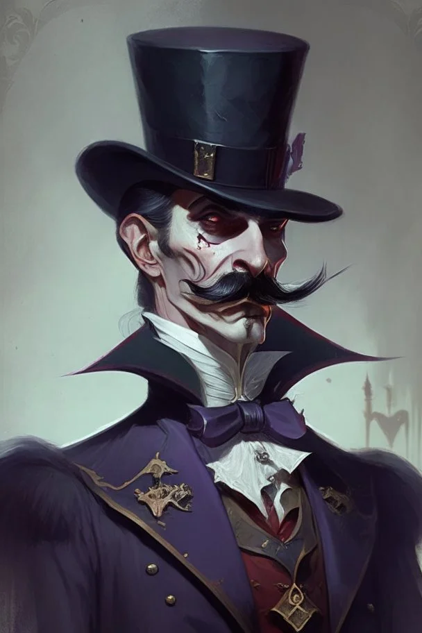 Strahd von Zarovich with a handlebar mustache wearing a top hat and bowing gratefully