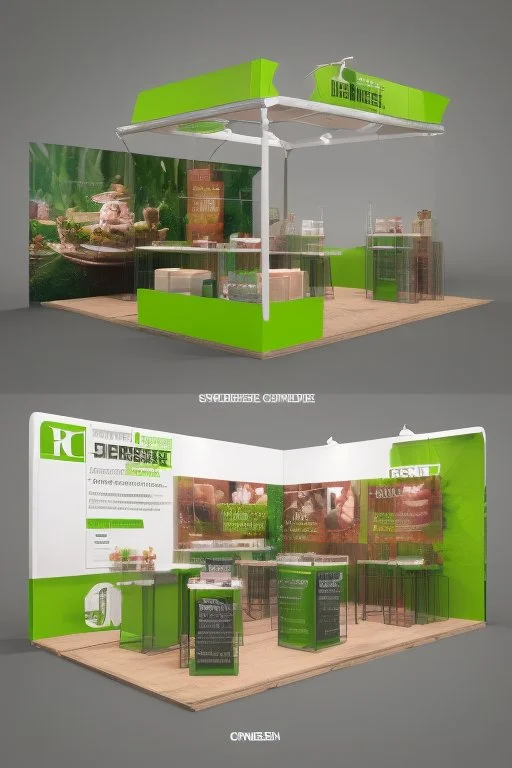 Corner green exhibition stand of a food company with product displays and a meeting area