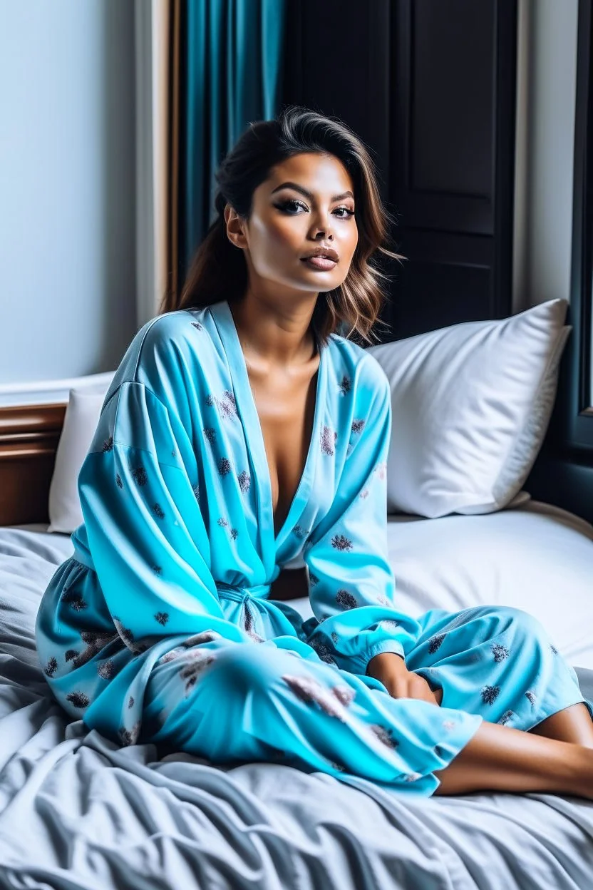 a supermodel in designer sleepwear sitting on bed for magazine cover photoshoot