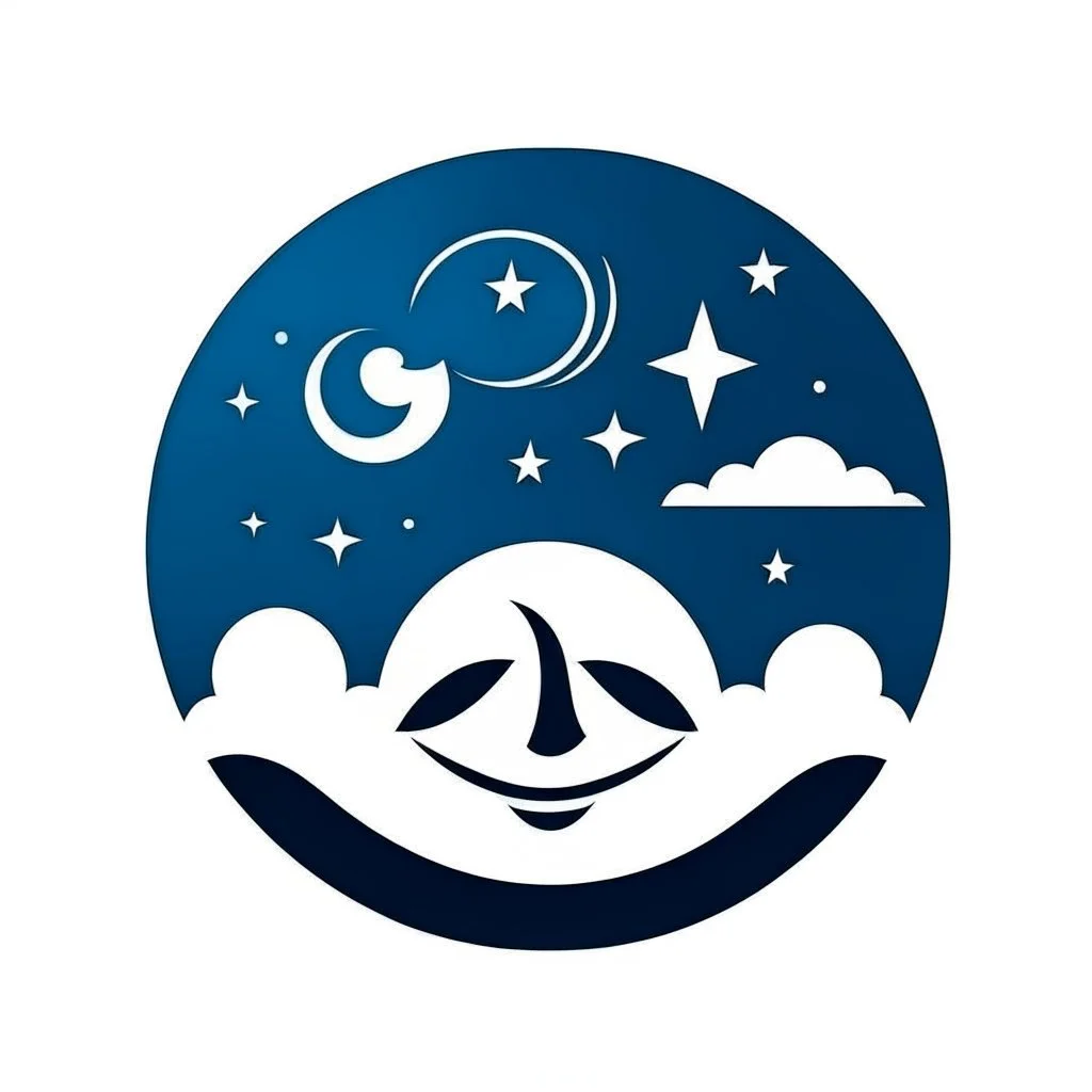 Logo, vector, clean, circle logo with a face looking up at the moon clouds and stars