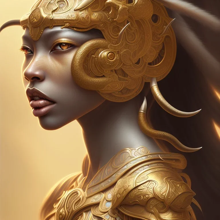 Sango fantasy, fantasy magic, intricate, sharp focus, illustration, highly detailed, digital painting, concept art, matte, art germ and Paul Lewin and Kehinde Wiley, masterpiece Indonesian lady head bronze tiger Asian African girl nice breast Hawaiian hair turquoise golden waves