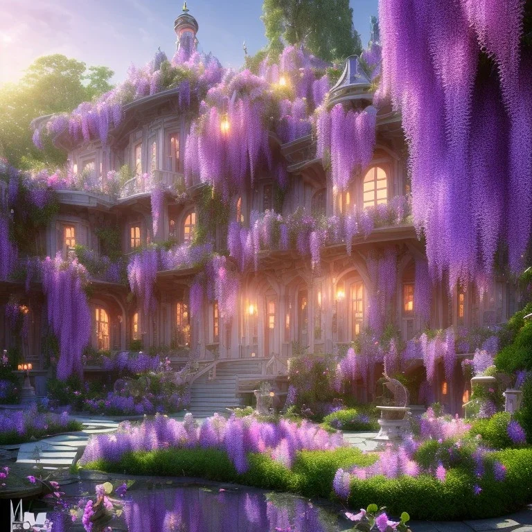 a magical flower bougainvillier wisteria house in the woods, pink vertical, blue lake,sharp, vines, candlelit, endor, ornate, elegant, highly detailed, artstation, concept art, smooth, sharp focus, illustration, 8k, splash art, wallpaper, key visual