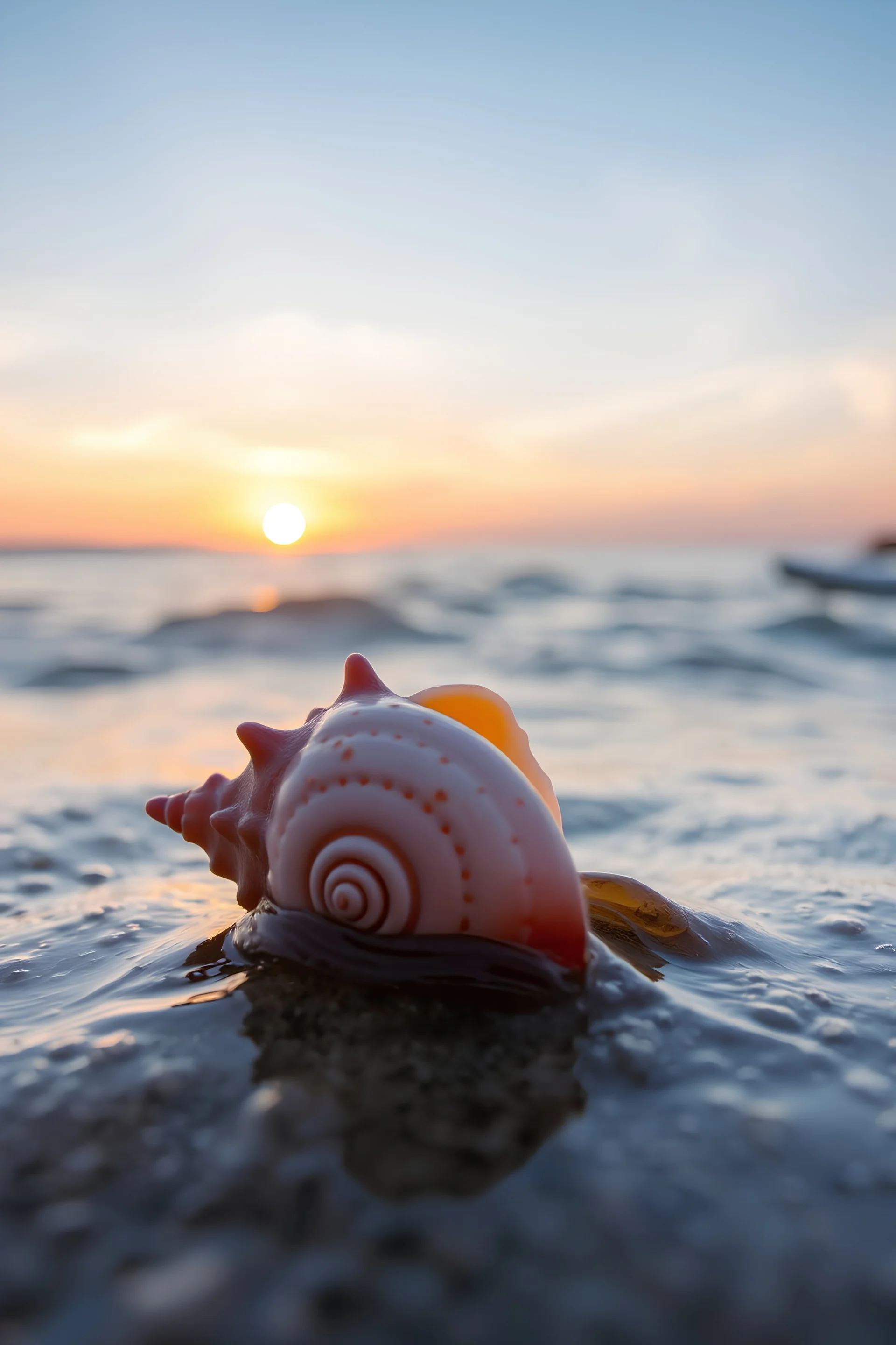 a beautiful seashell in a coastal wave against a sunset background, Nice, close-up, 4k