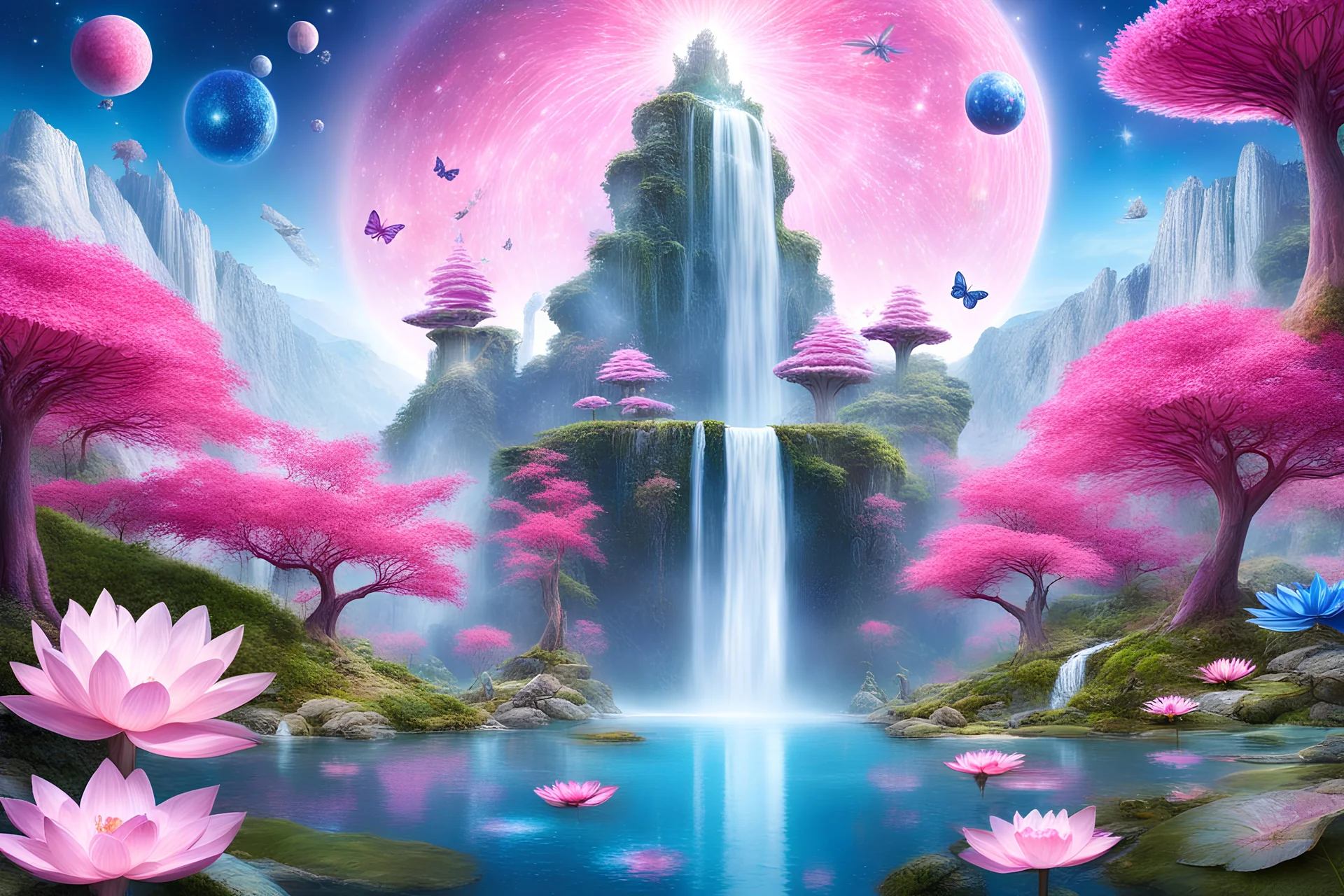 wanderful fairy and cosmic panorama with blue sky, pink trees,, big waterfall in the lake, lotus flowers, butterfly, spaceships