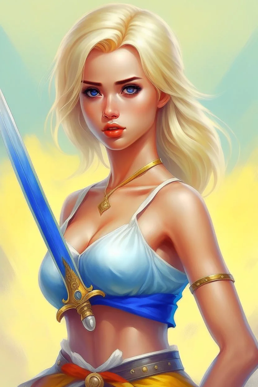 pretty girl, blonde, conventionally attractive, bright clothes, realism, dreamy, tight top, strong, sword