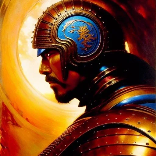 portrait of 'Thouzer-Fist of the North Star',ancient metal armor , painting by gaston bussiere, greg rutkowski, yoji shinkawa, yoshitaka amano, tsutomu nihei, donato giancola, tim hildebrandt, oil on canvas, cinematic composition, extreme detail,fit full head inside picture,16k