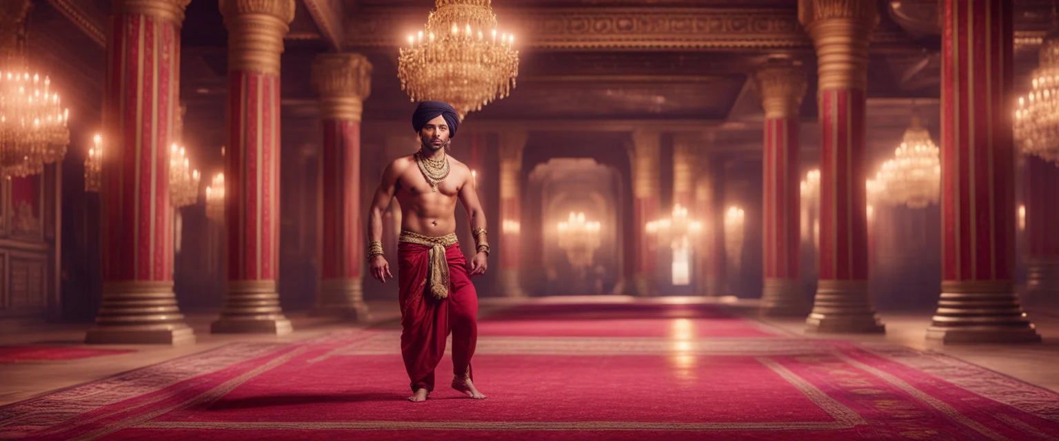 Hyper Realistic handsome Young shirtless muscular short hair Indian king Dancing in a traditionally beautiful Indian palace with traditional pillars with small fancy chandeliers & beautiful maroon carpet at night