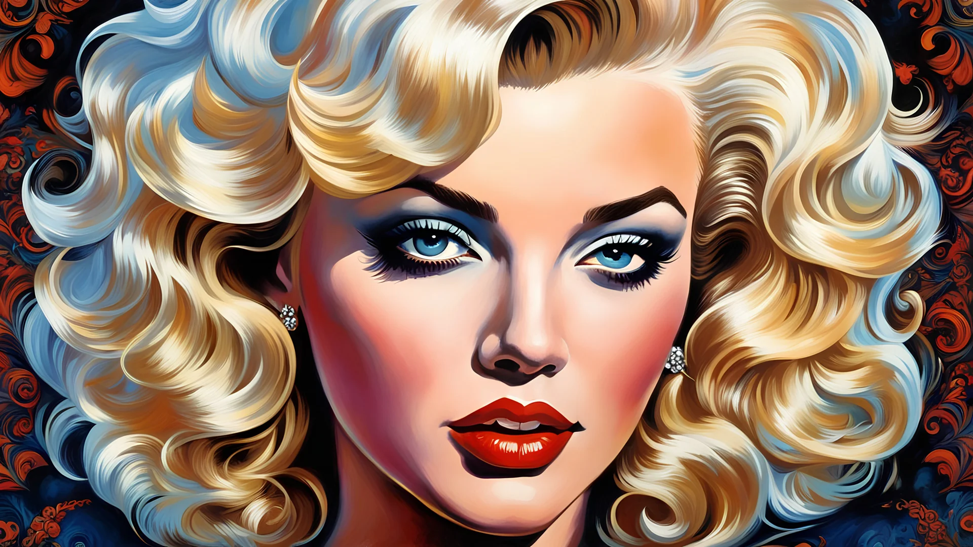 marylyn monroe, painting art, (mj:0.6), style of Clyde Caldwell, calm color, (acryllic illustration:1.15), fantasy, intricate pattern