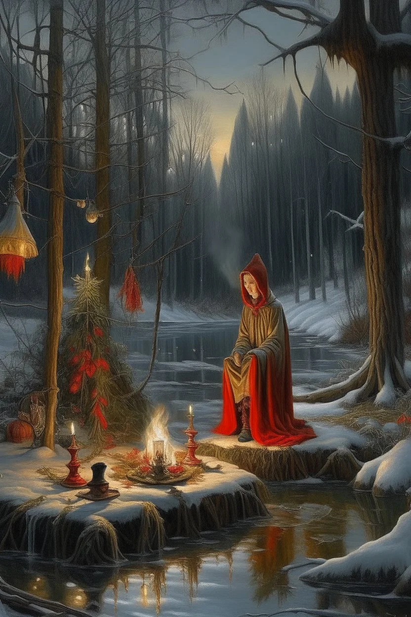 Hyperrealism against the background of a winter landscape in a forest with a bonfire +mirror portal with a whirlpool of water + a man in a red-gray robe with a hooded back + +rite+candles+dried flowers+wildflowers+moss++flower decoupage+embroidery technique+braided beads+vine+moonlit night,fabulous landscape,surrealism,realism,naturalism,dot technique,microdetalization,high detail objects,digital illustration,volumetric clarity,dark fantasy,dark botanical