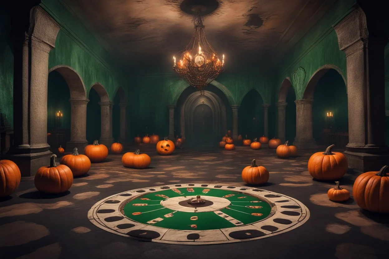 Склеп. Главный зал оформлен как игровое поле с огромной рулеткой на полу, тыквами с зелёным пламенем и жуткими декорациями, смешивающими атрибутику Хэллоуина и Рождества. Стиль Тима Бертона