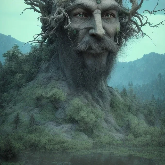 Ancient elemental power God El of earth flowing trees spiritual blissful inspiring mountains Great mud , dirt rock halo around head