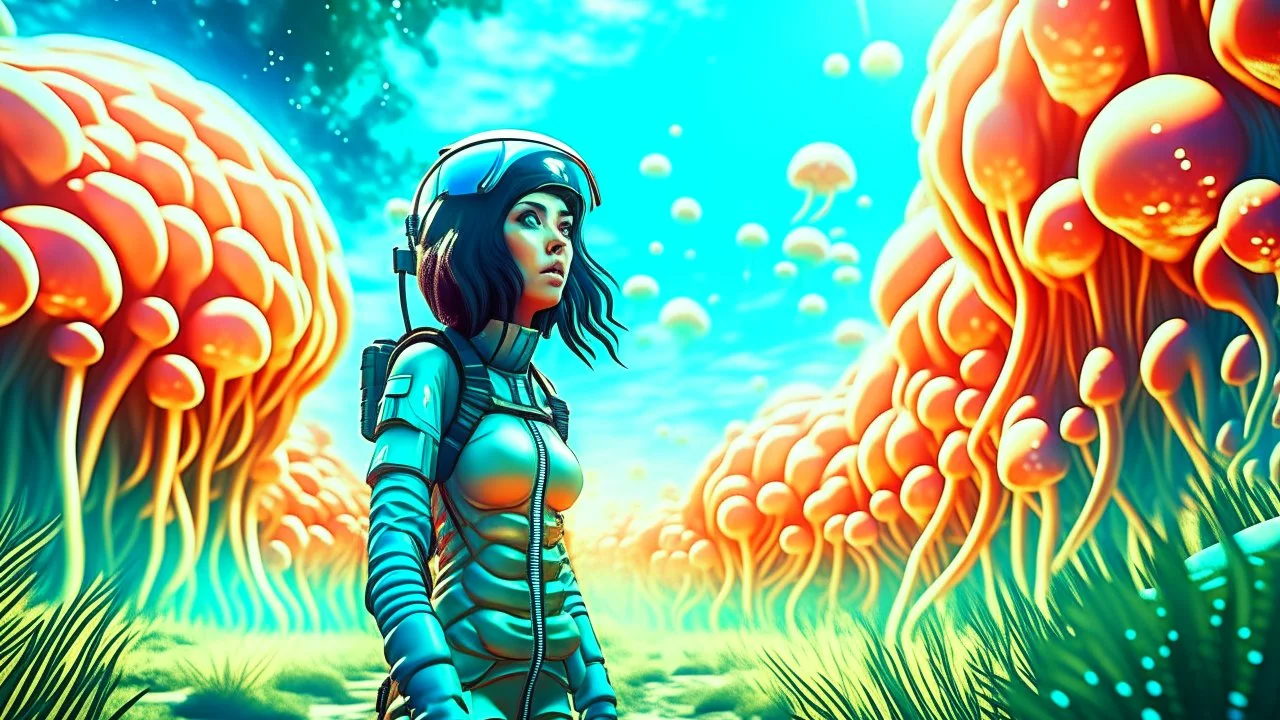 woman with black hair, in a tight spacesuit, without a helmet, walking through Alien mushrooms with jellyfish tentacles in an alien forest, photorealistic, Deep Colour, Intricate Detail, sunshine, blue sky