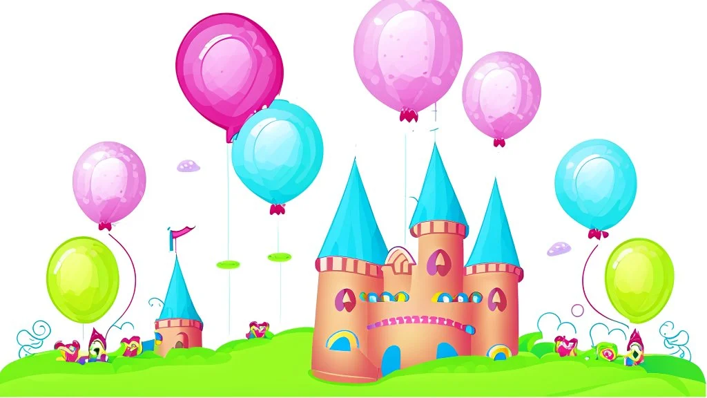 Illustration of a balloon castle, this castle is the party decoration factory. detailed illustration. Children book style.