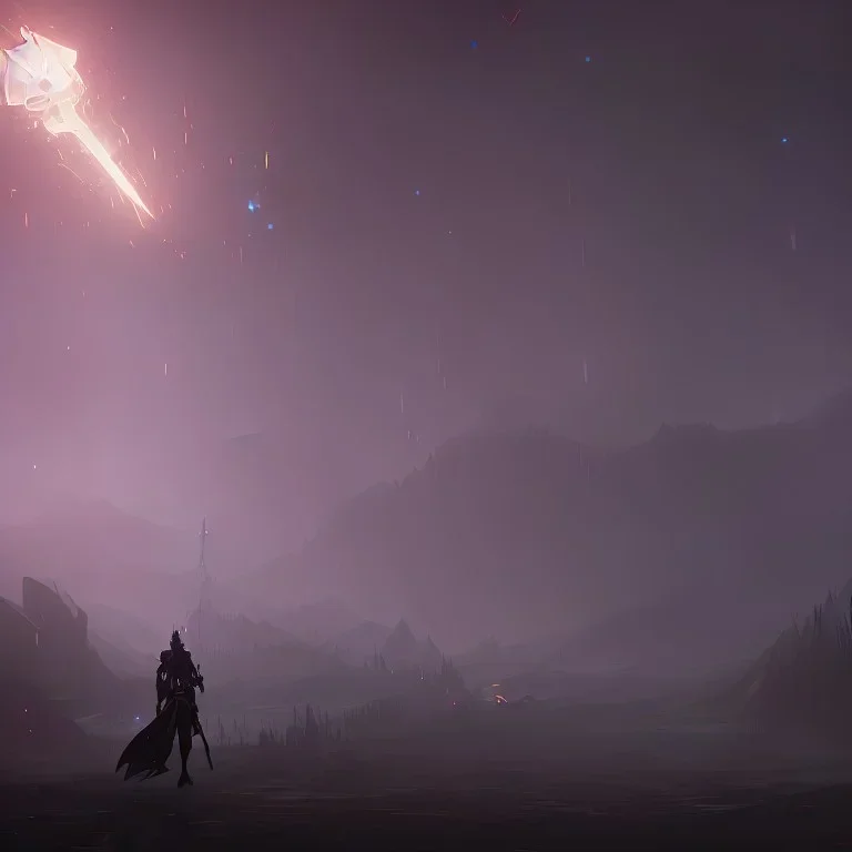 Heavy rain. Epic Lighting in the night sky. Knight with magic scroll in hand. Falling meteorite from the sky. Meteorite burning in the distance. Dark black mud.